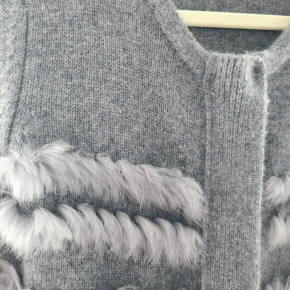 Cashmere Project Gray Cardigan Cashmere with Rabbit Fur Trim Women's Size Small - Picture 5 of 12